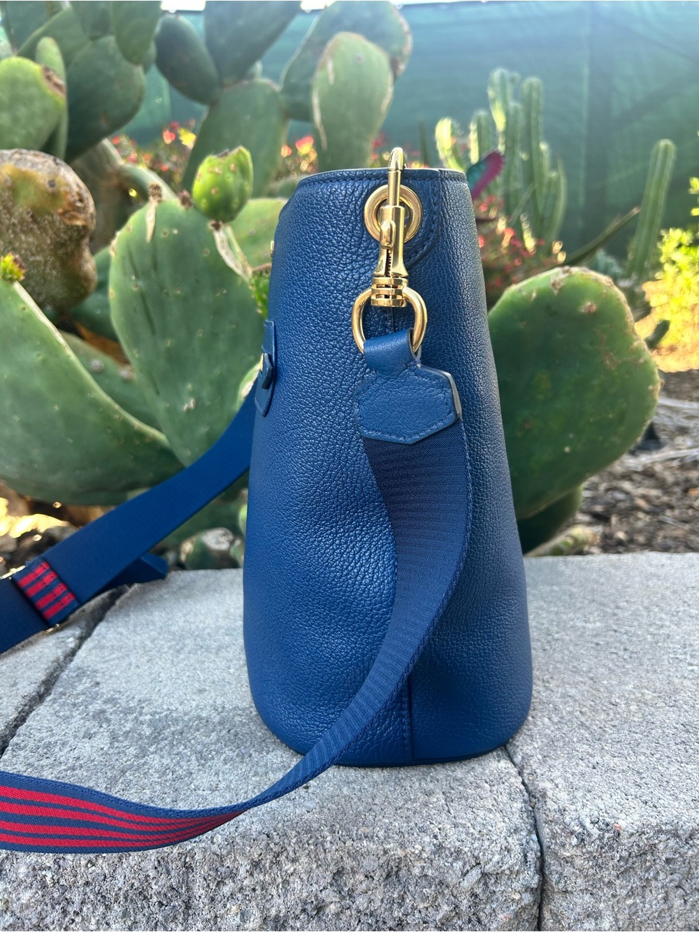 Miu Miu Cobalt Blue Pebbled Leather Crossbody Bucket Bag with Striped Web Strap - Picture 3 of 9